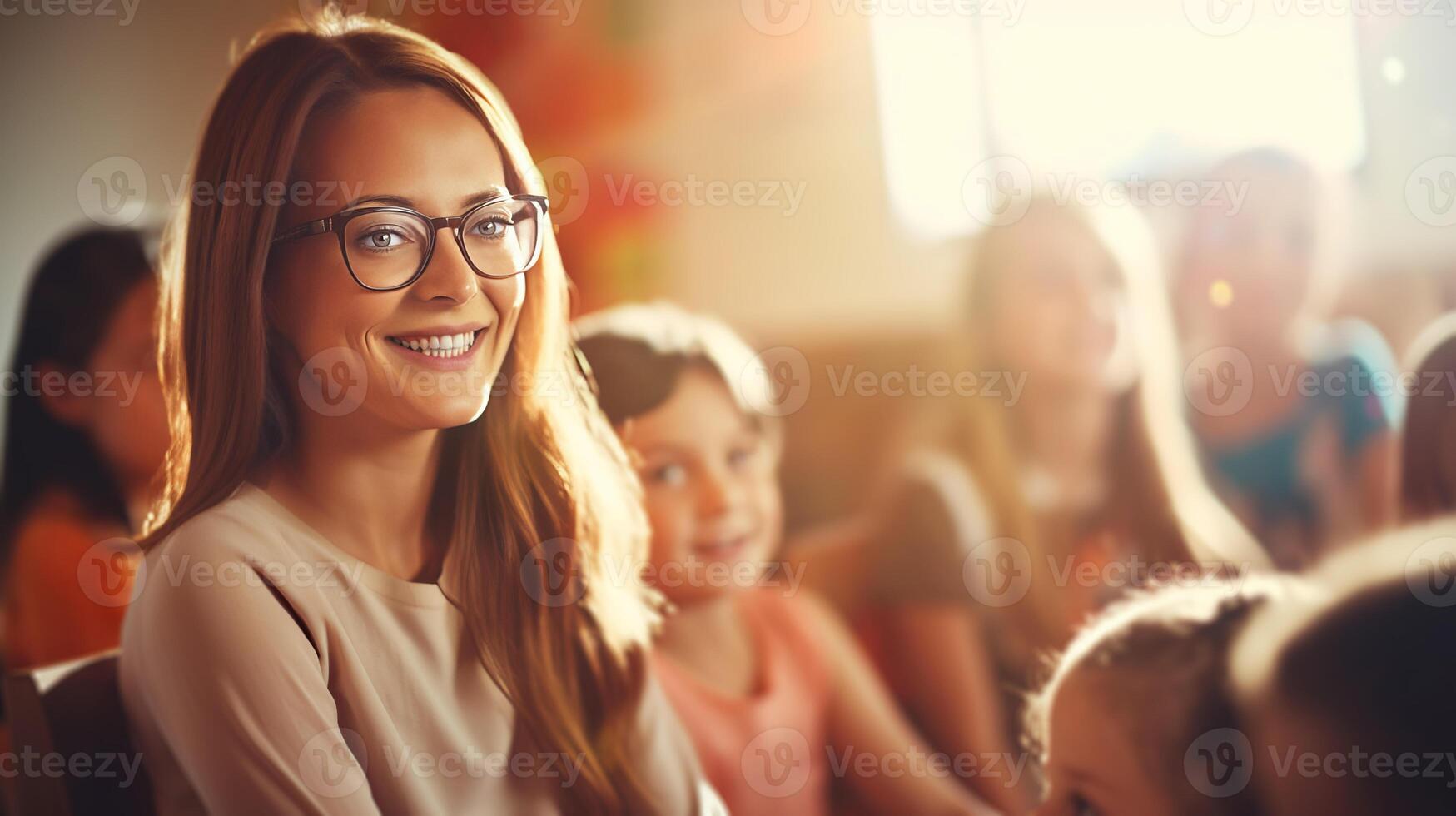 AI generated Handsome smiling woman teacher in children class radiates positivity photo