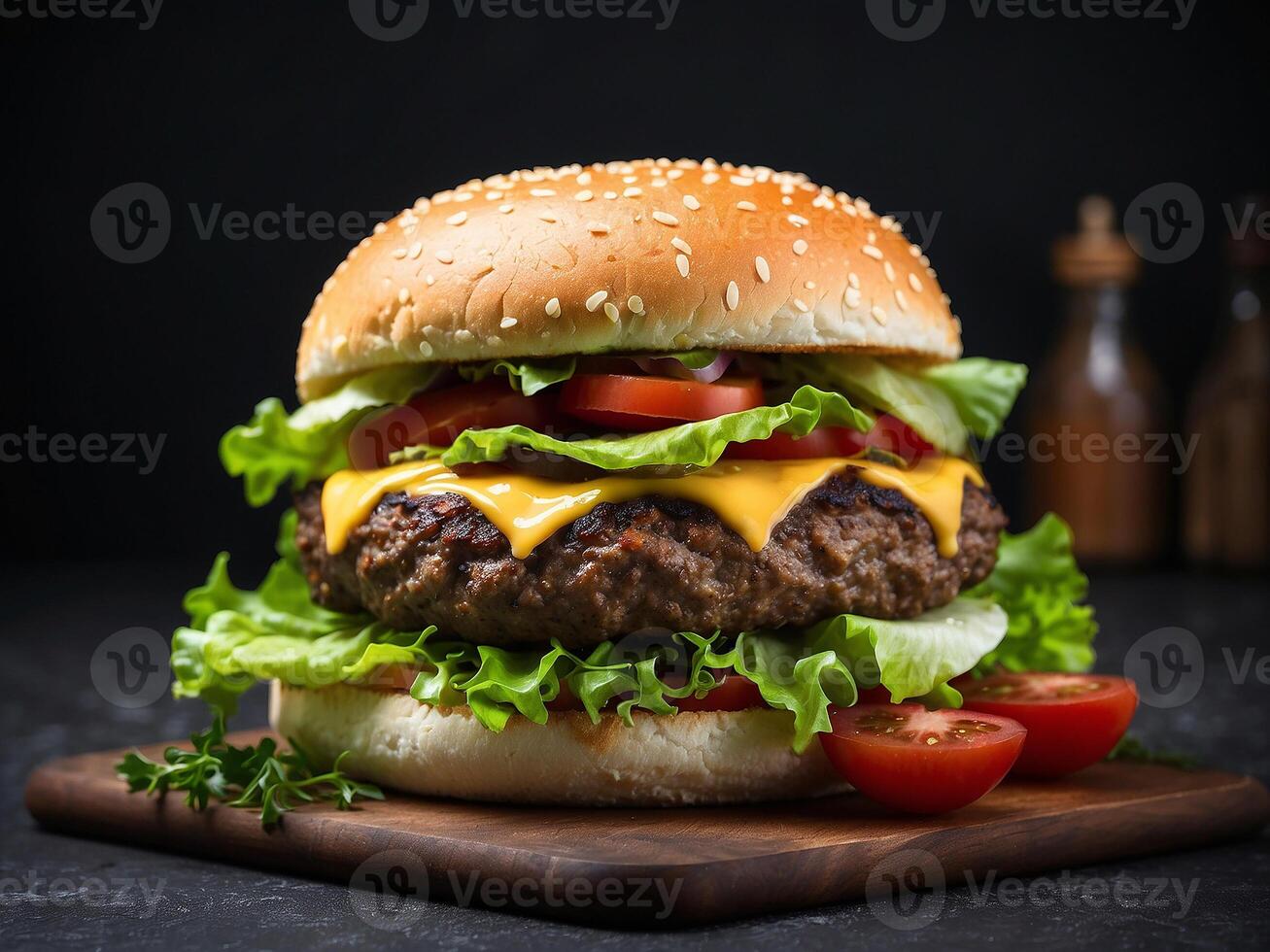 AI generated Tasty cheeseburger with meat tomatoes and green salad on dark background photo