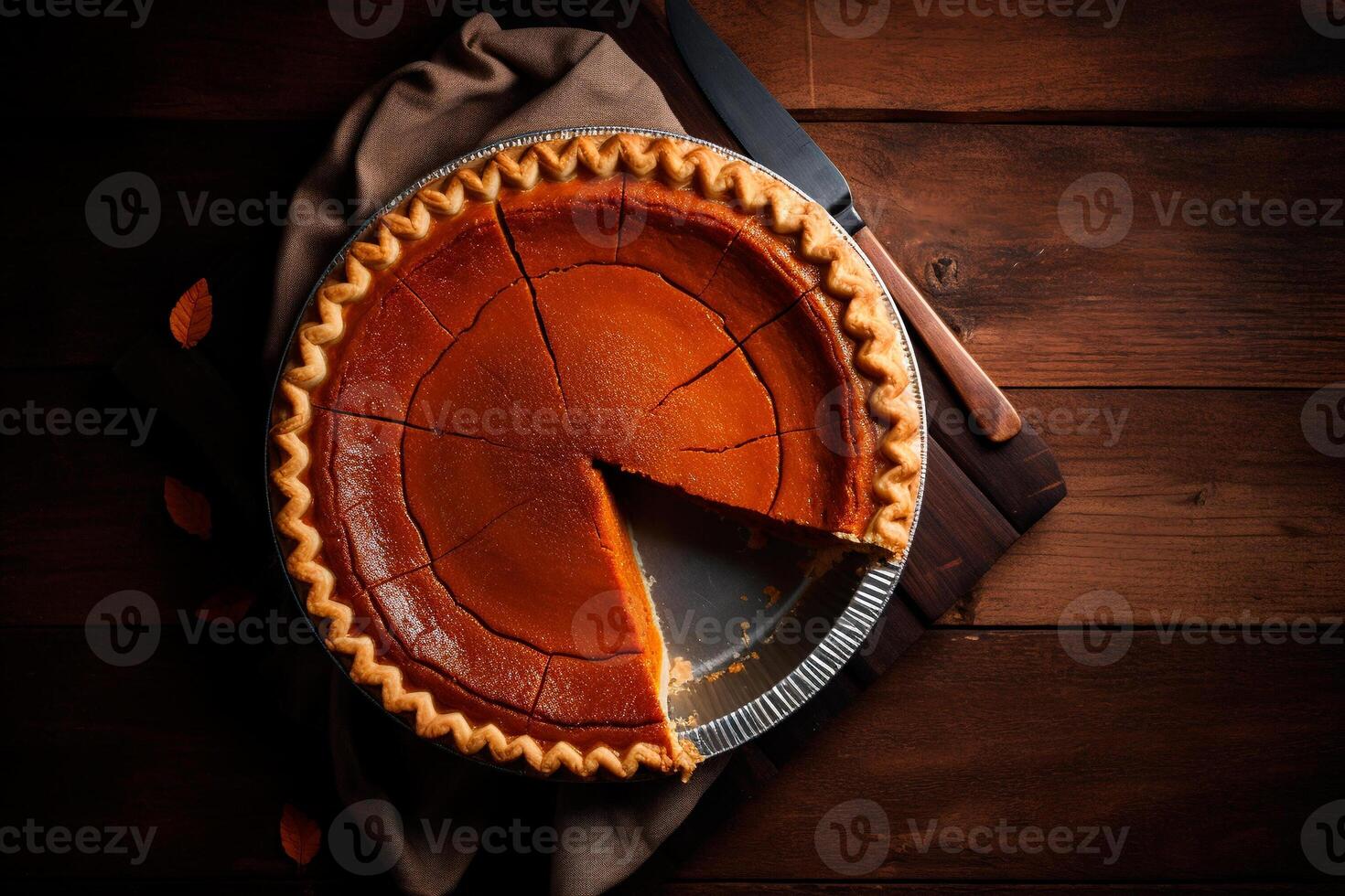 AI generated Pumpkin pie on the table, top view photo