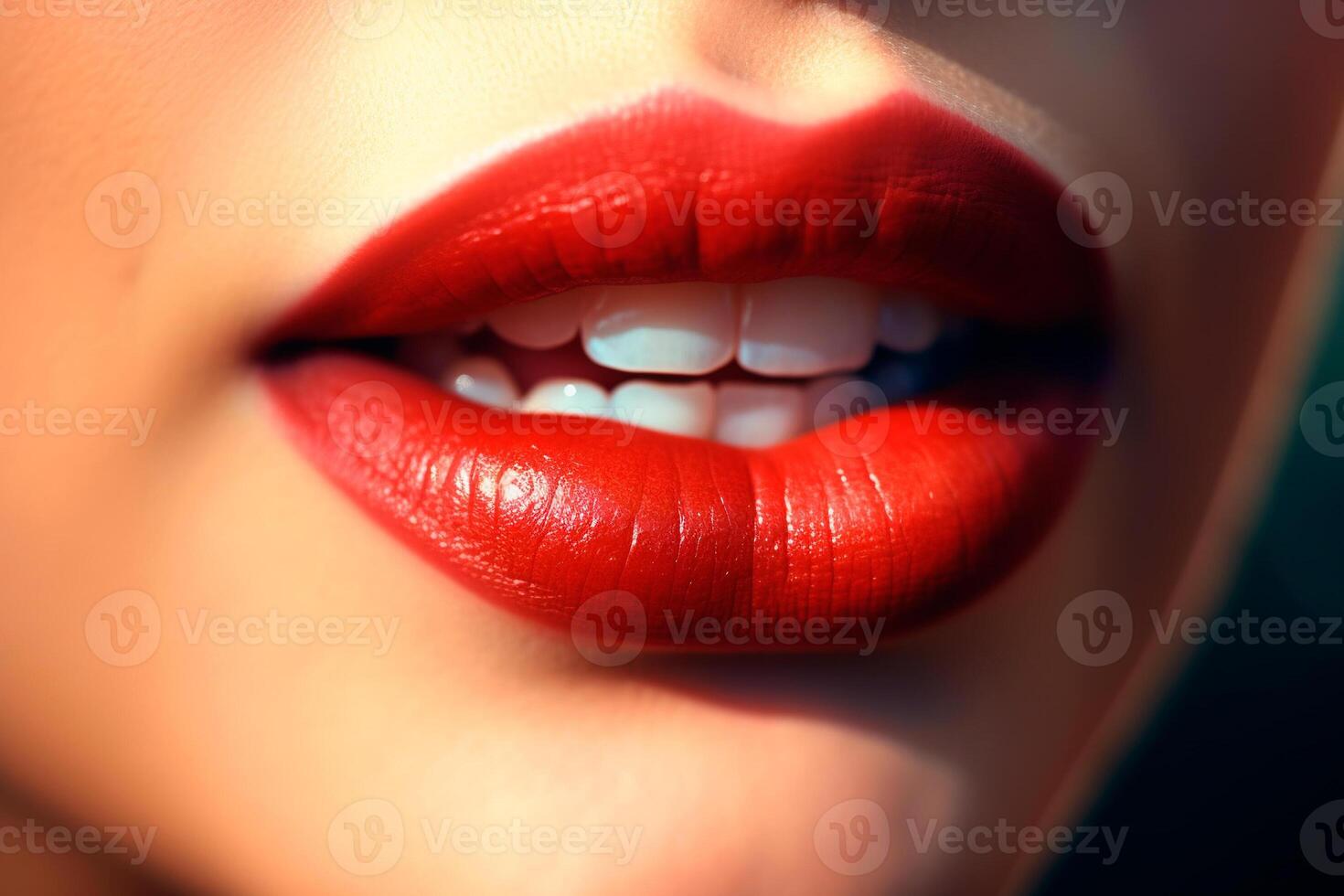 ai generado mujer labios con rojo lápiz labial de cerca foto