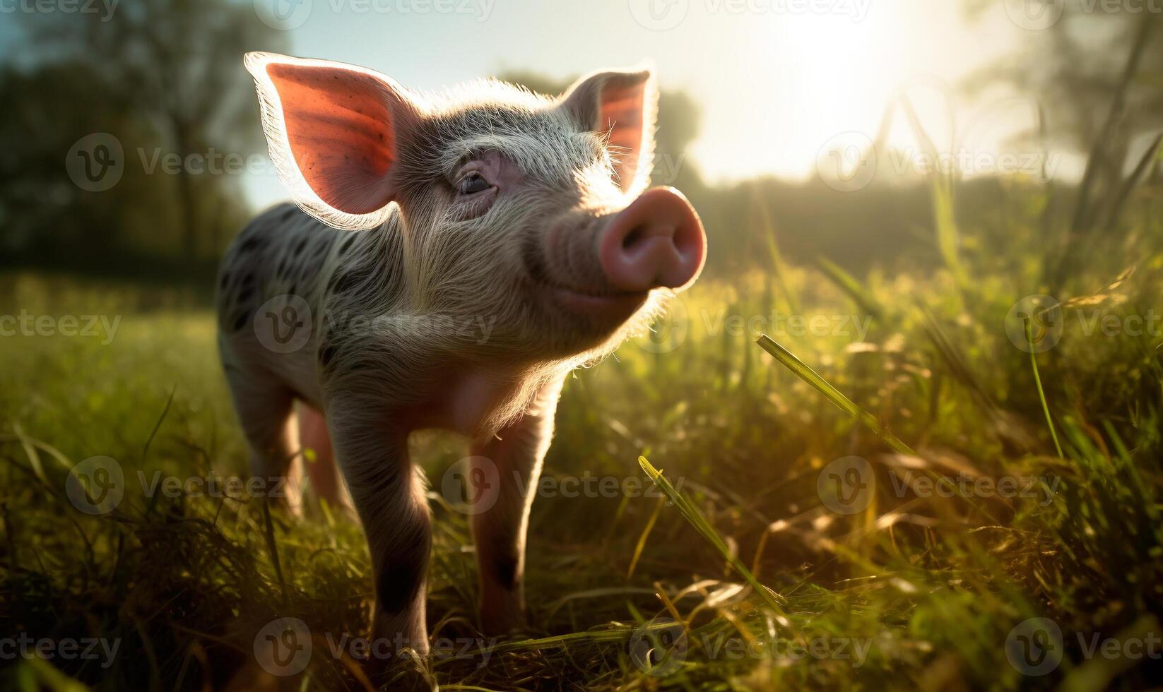 AI generated Happy piglet close-up in green grass, summer photo