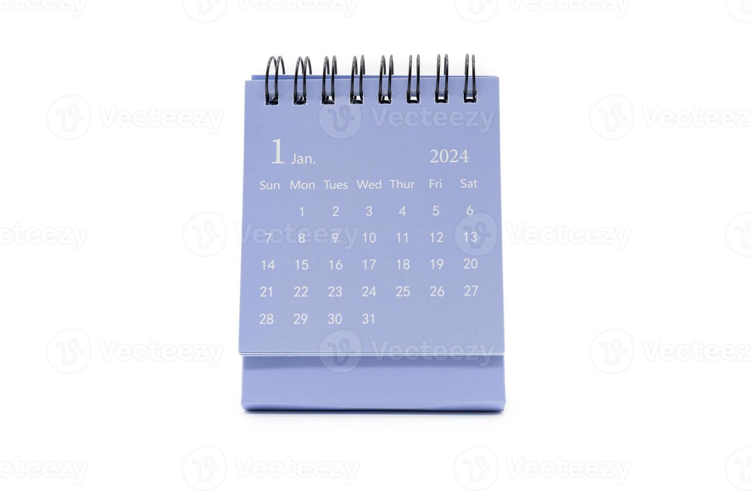 Simple blue desk calendar for January 2024 isolated on white background. Calendar concept with copy space. photo