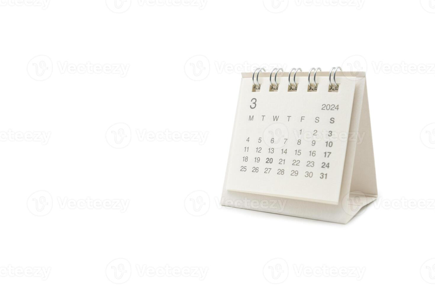 Simple desk calendar for March 2024 isolated on white background. Calendar concept with copy space. Clipping path. photo