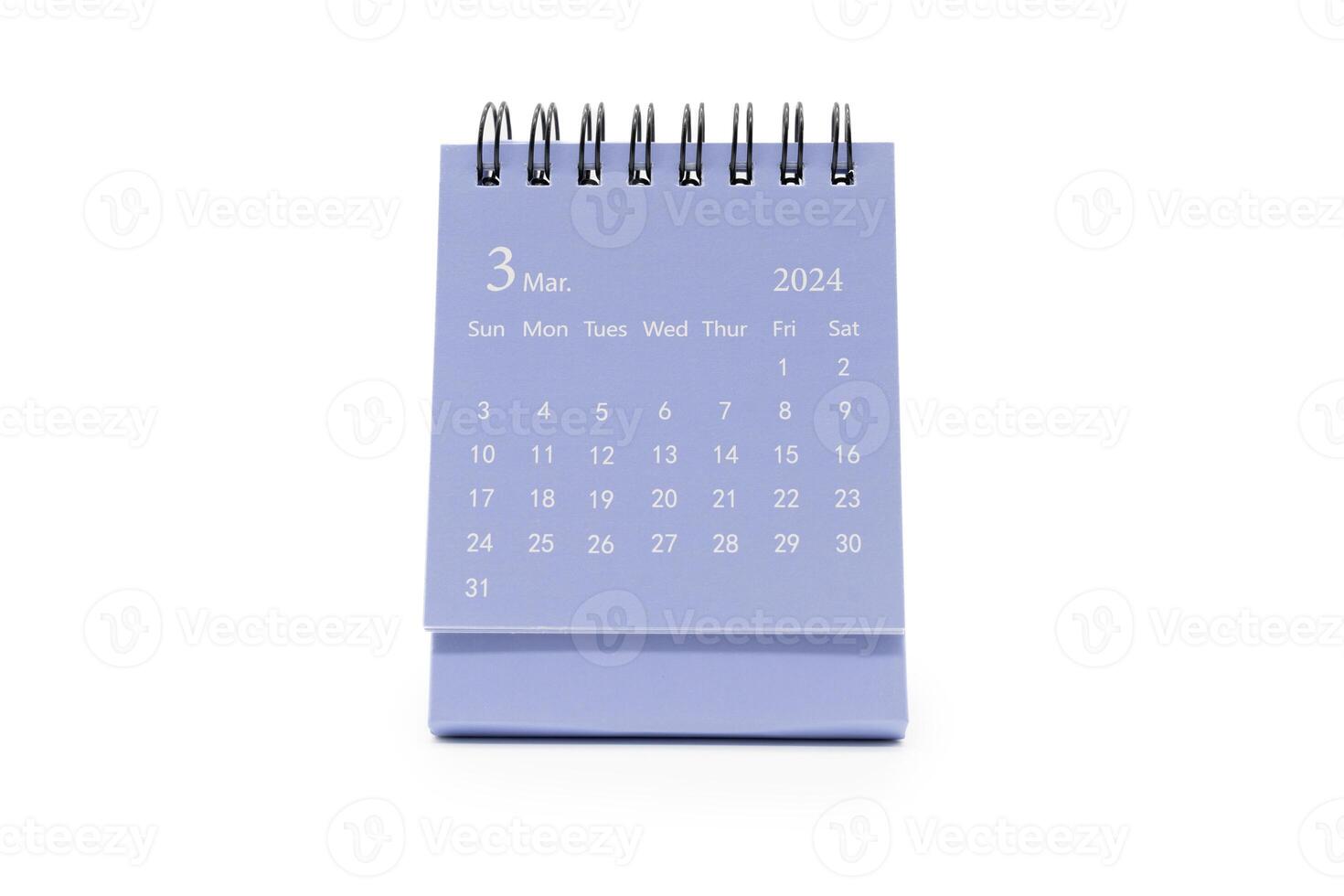 Simple blue desk calendar for March 2024 isolated on white background. Calendar concept with copy space. photo