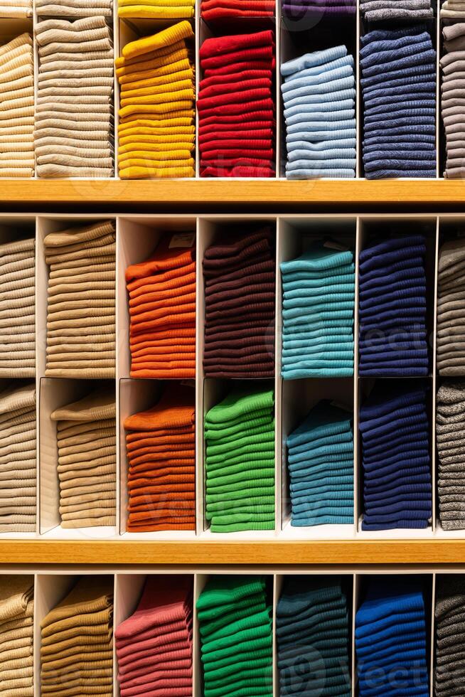 Multi color socks stacked for display at the store. colorful socks selective focus. photo