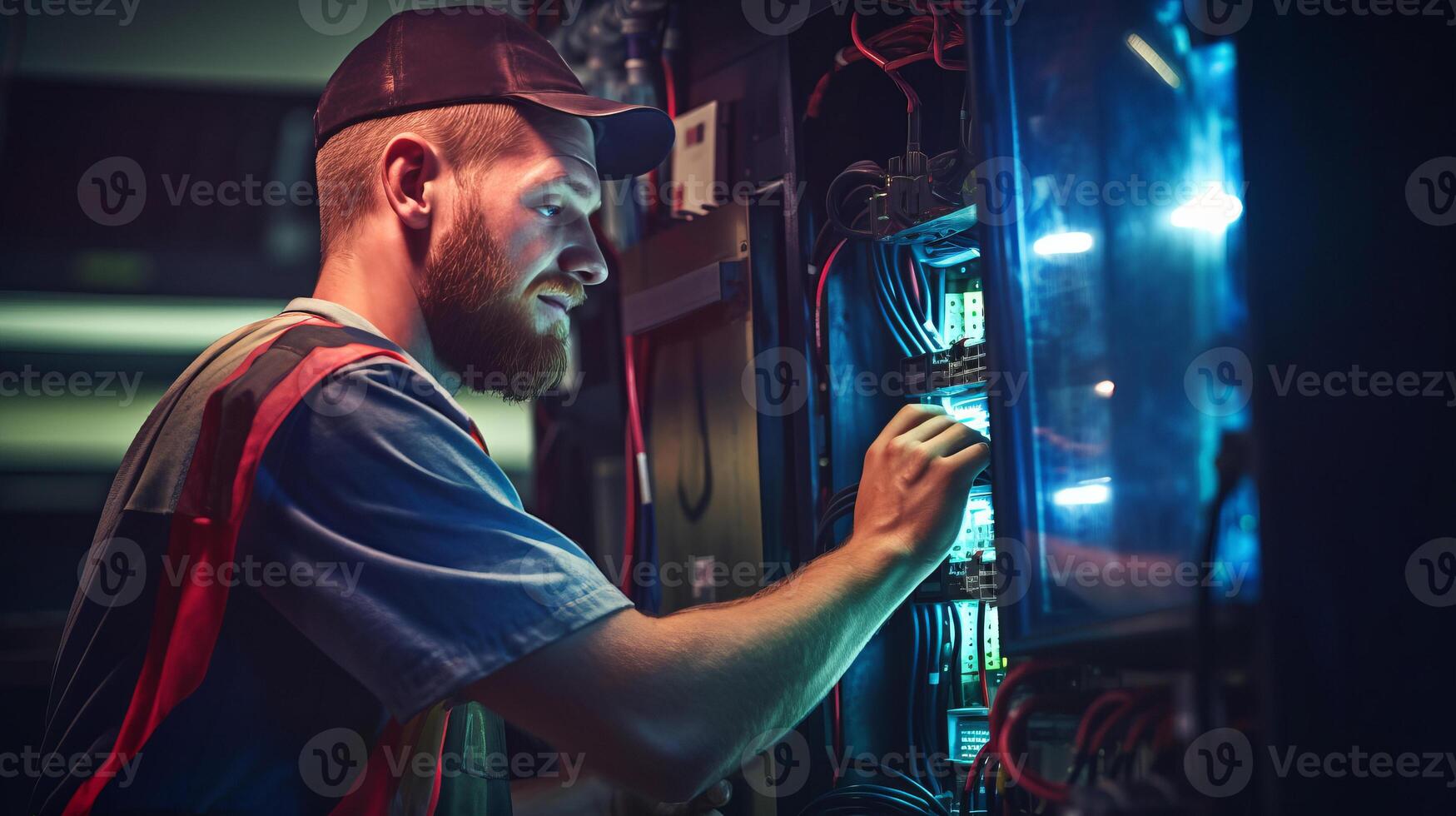 AI generated Smiling electrician, handsome and skilled, troubleshoots breaker panel photo