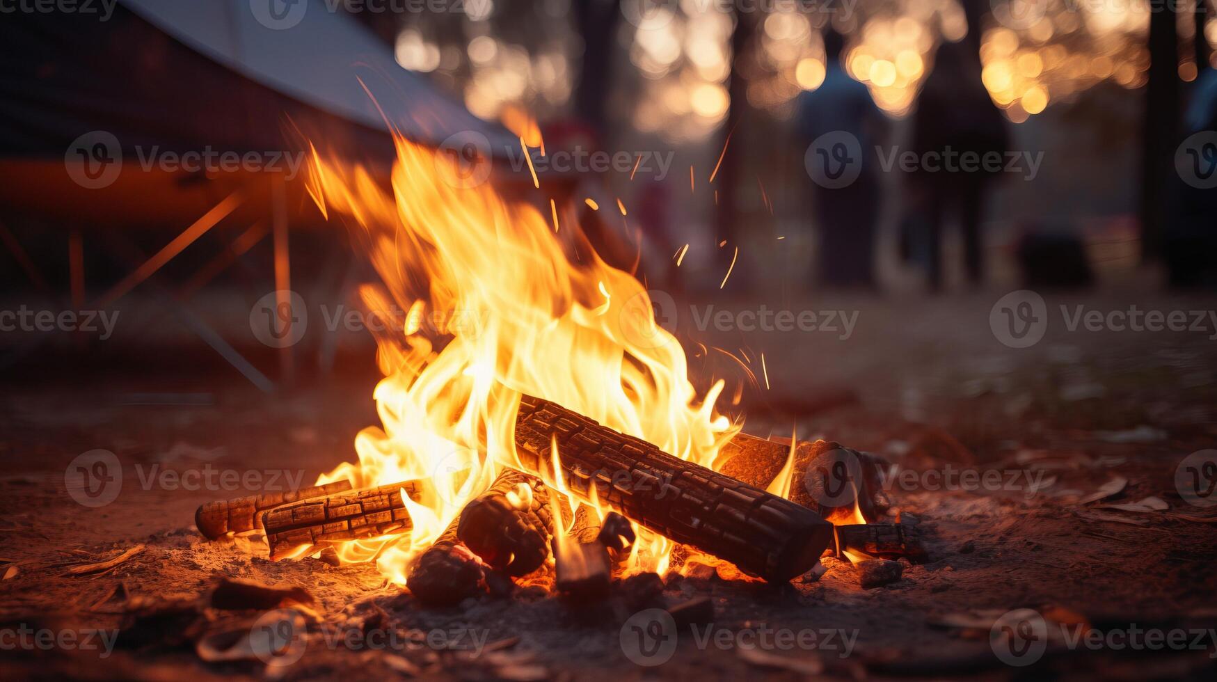 AI generated Warm cozy campfire flames dance in dusk with tent camping background inviting atmosphere for camping photo