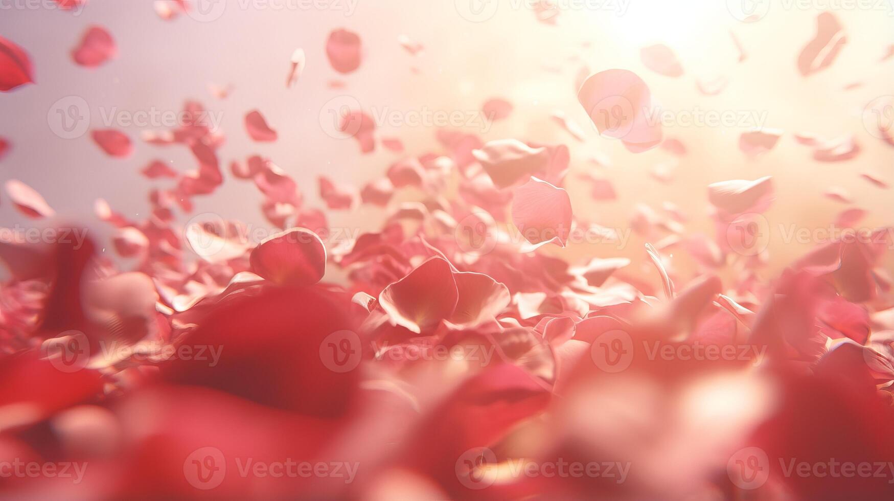 AI generated Red rose petals gently falling in soft sunlight, fragile feminine background photo