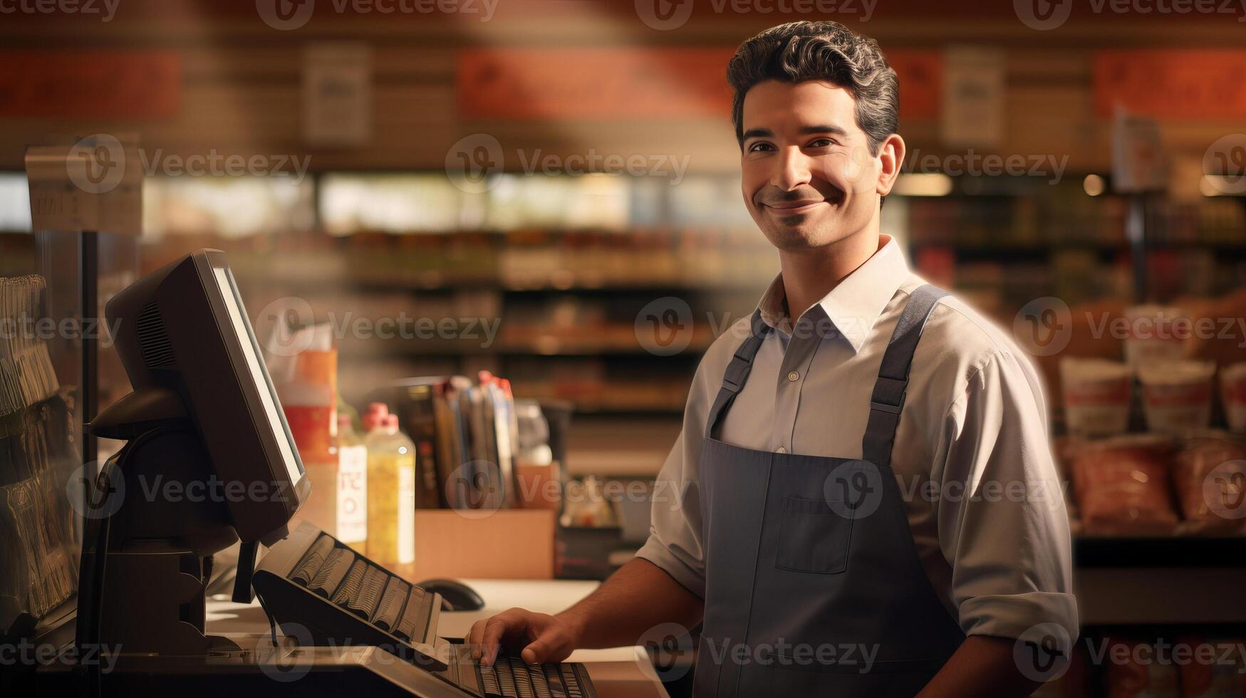 ai generado retrato de alegre sonriente masculino cajero en tienda de comestibles Tienda simboliza simpático cliente Servicio foto