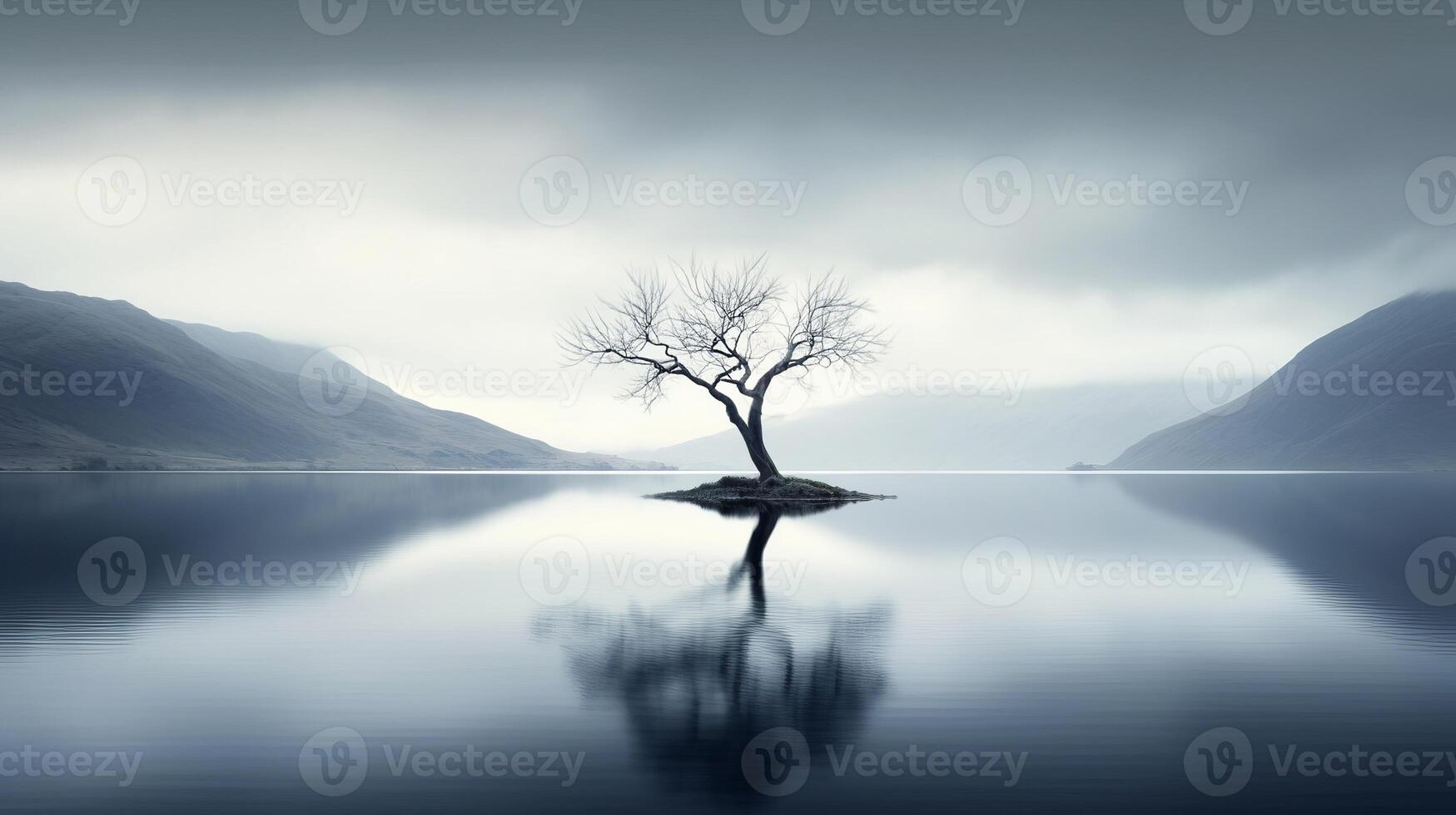 AI generated Lonely tree in midst of bleak lake creates melancholic atmosphere evoking sense of isolation photo