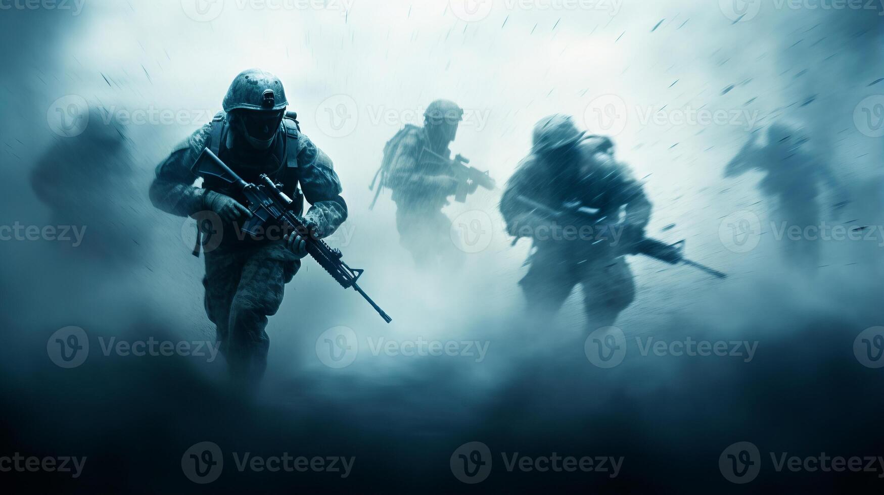 AI generated Soldiers with weapons in hands running through billowing smoke screen in tactical capture mission photo