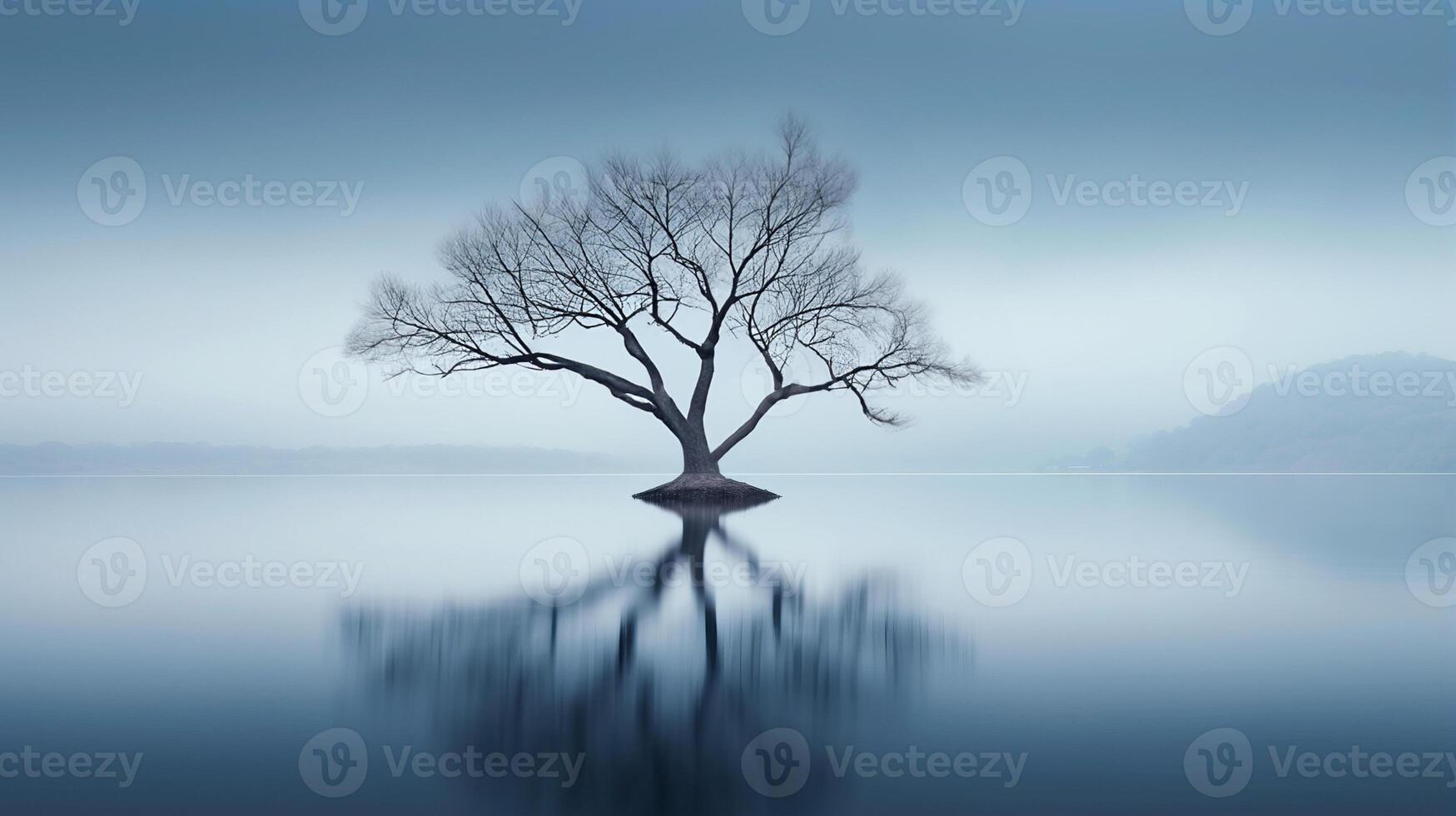 AI generated Lonely tree in midst of bleak lake creates melancholic atmosphere evoking sense of isolation photo
