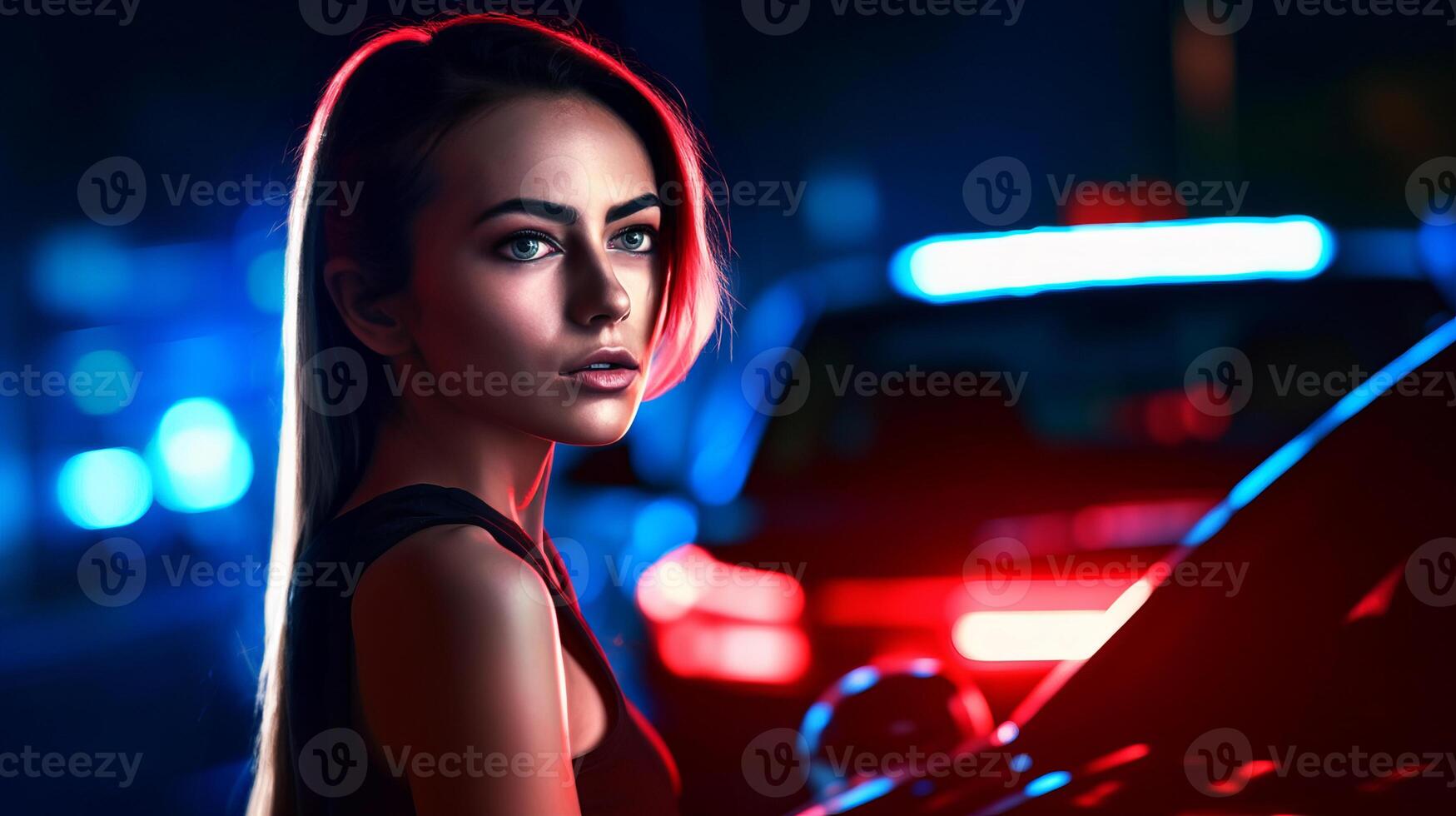 ai generado bonito escolta niña sexo trabajador Noche calle retrato en brillante luces de policía coche foto