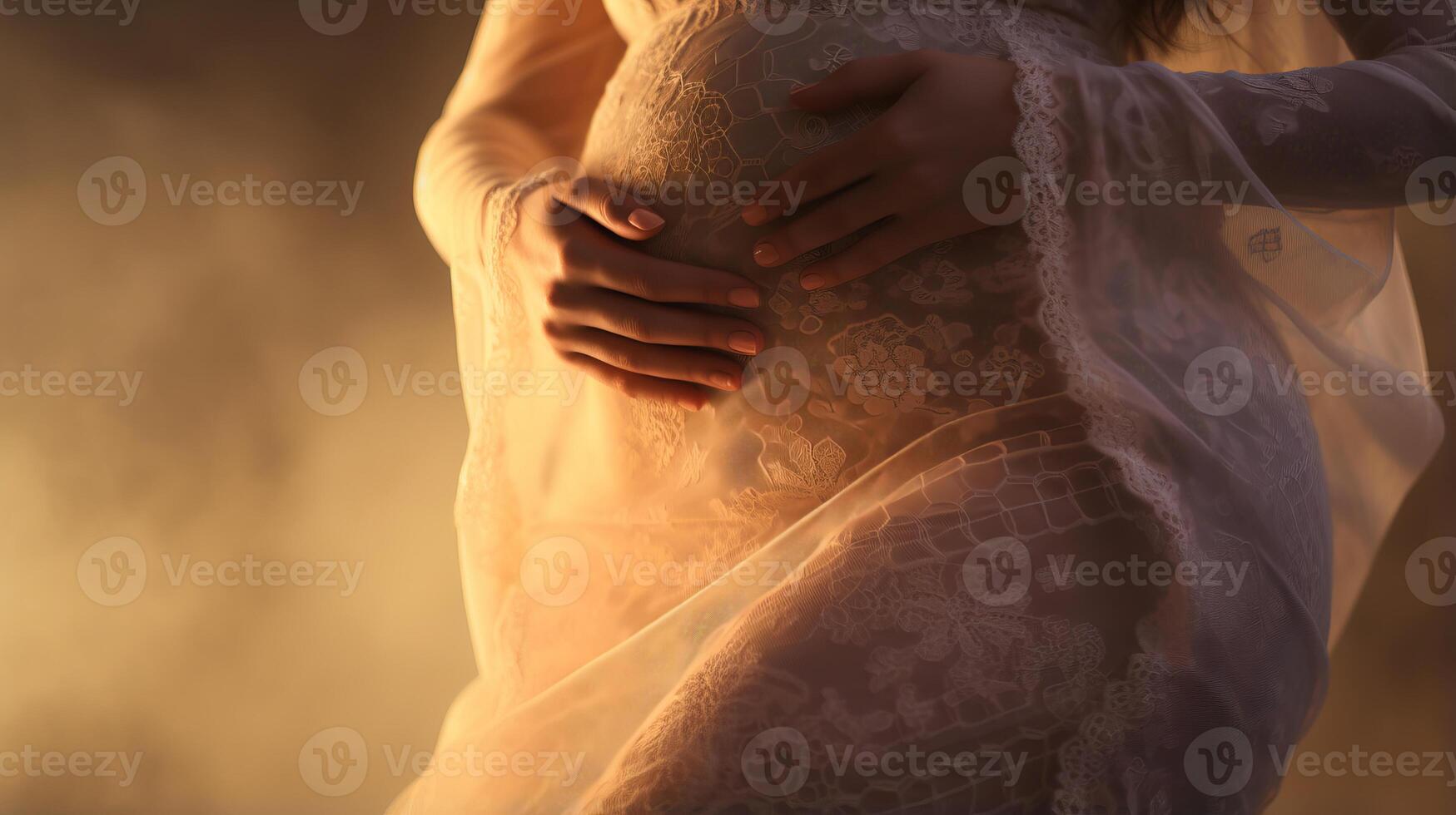 AI generated Close up view to woman hands gently cradling her pregnant belly amidst misty fog photo