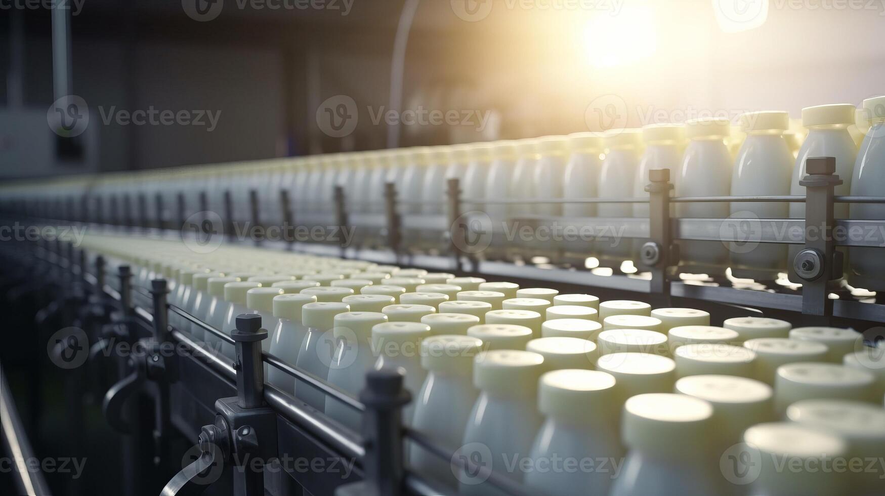 AI generated Rhythmic movement of milk bottle conveyor symbolizes streamlined process of dairy production photo