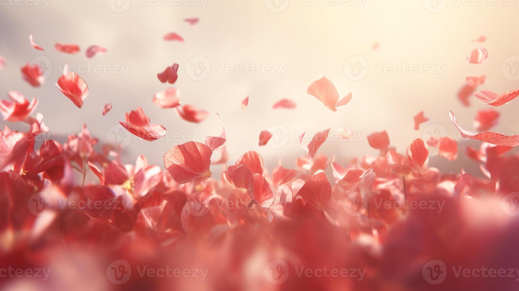 AI generated Red rose petals gently falling in soft sunlight, fragile feminine background photo