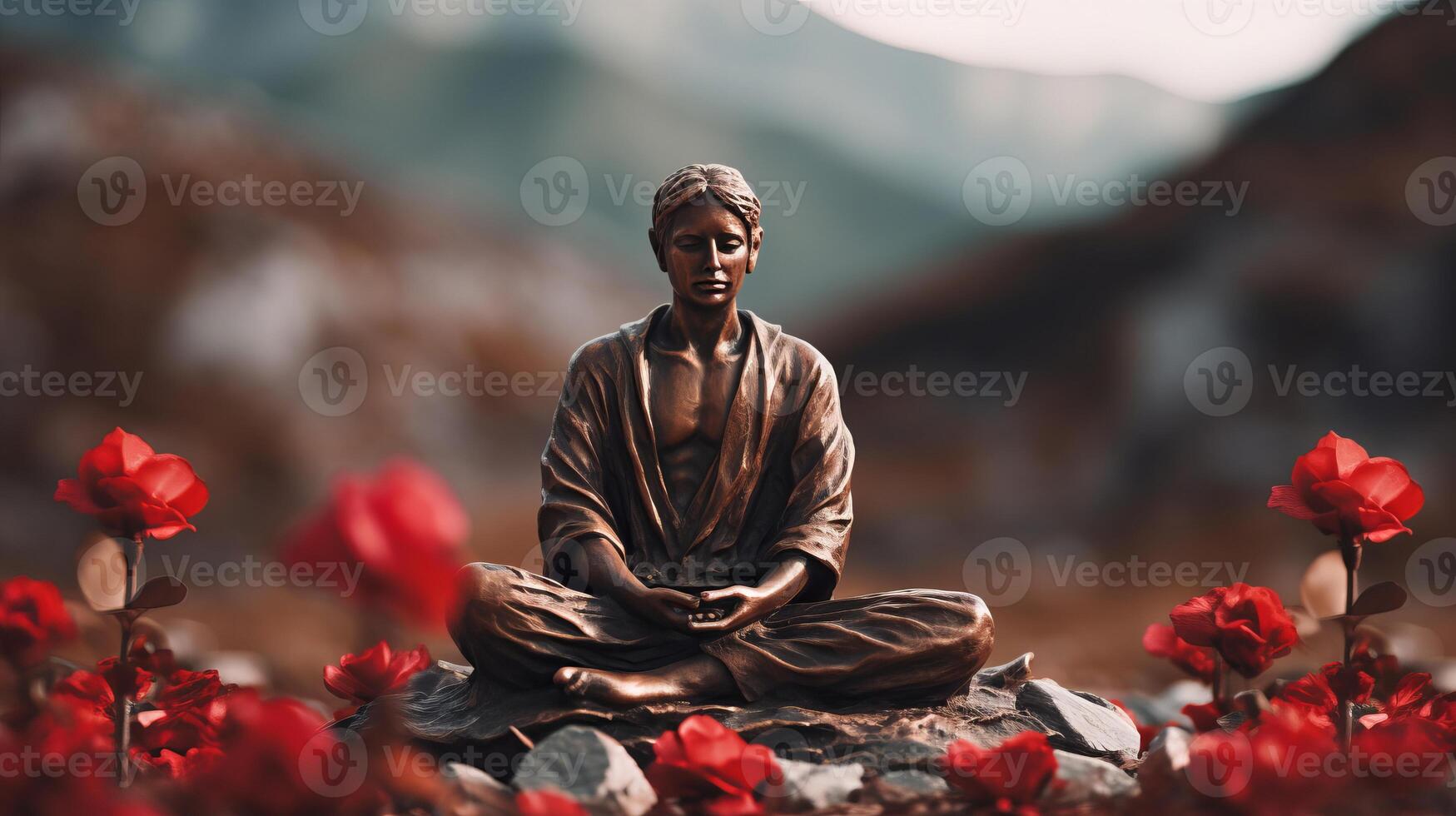 AI generated Bronze statuette of meditating male yogi among red flowers against breathtaking mountain landscape photo
