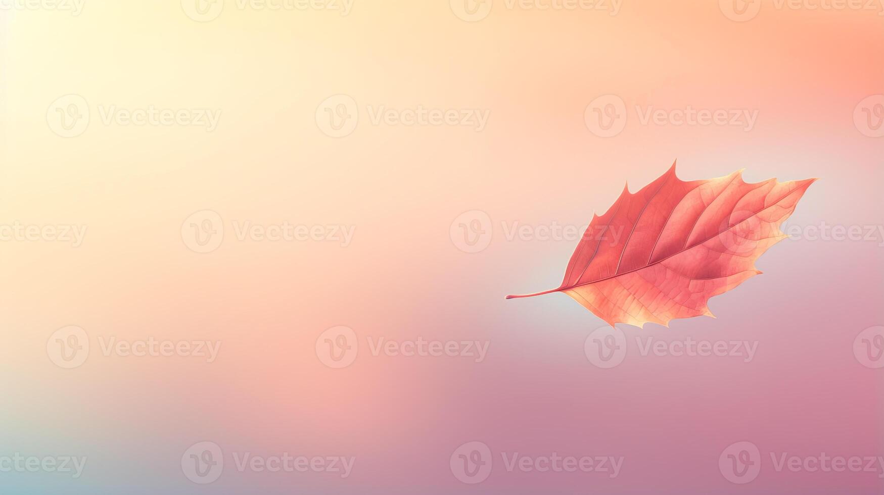 AI generated Single autumn leaf gently fall against vivid colorful minimalistic backdrop, copy space photo