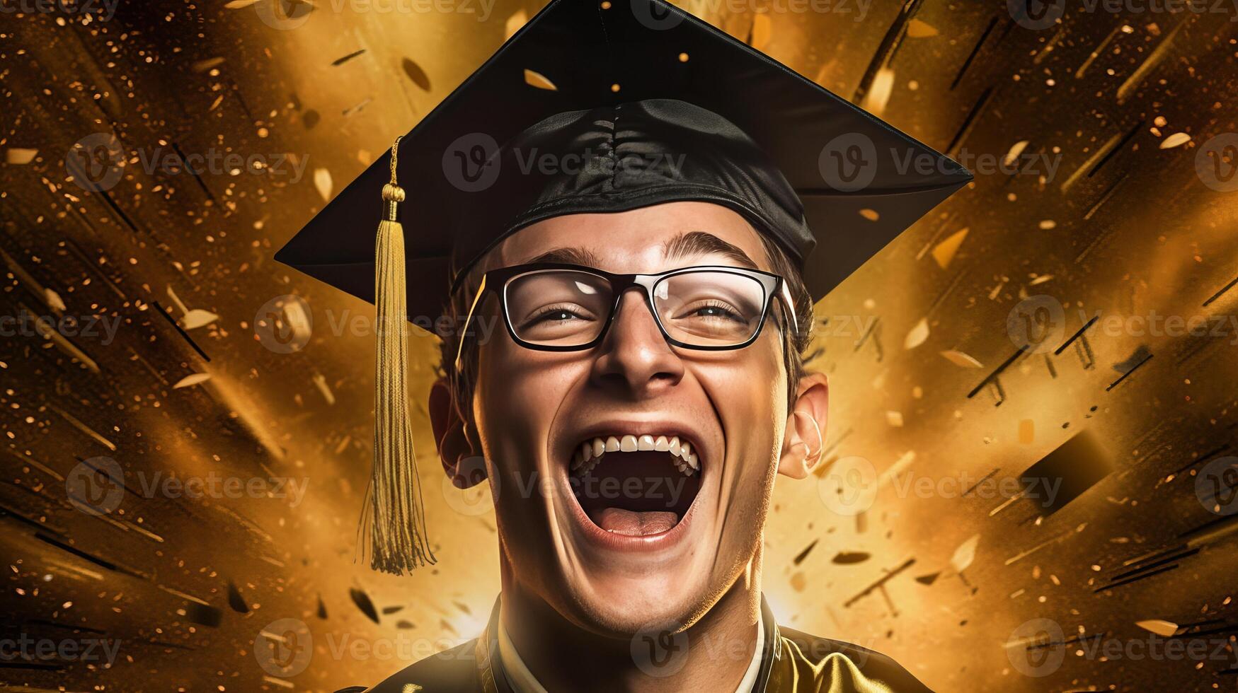 AI generated Happy young man wearing graduation cap and gown, smiling young guy beams with happiness photo