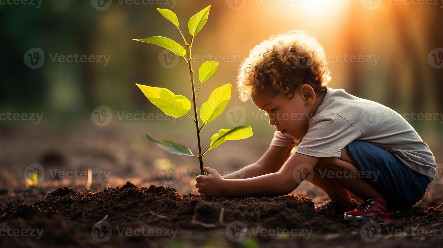 AI generated Little boy carefully plants tree sapling in ground of sunlight garden creating heartwarming scene photo