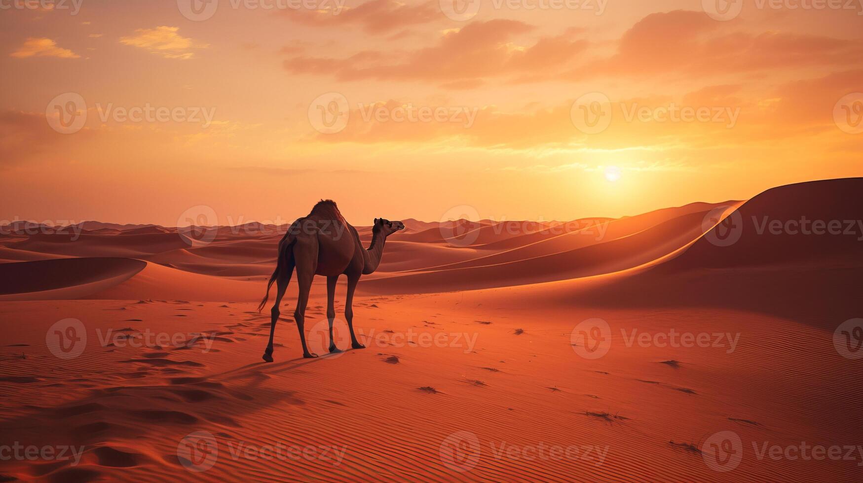 AI generated Lone camel stands of searing heat sandy desert watches at setting sun, camel symbolizes struggle photo