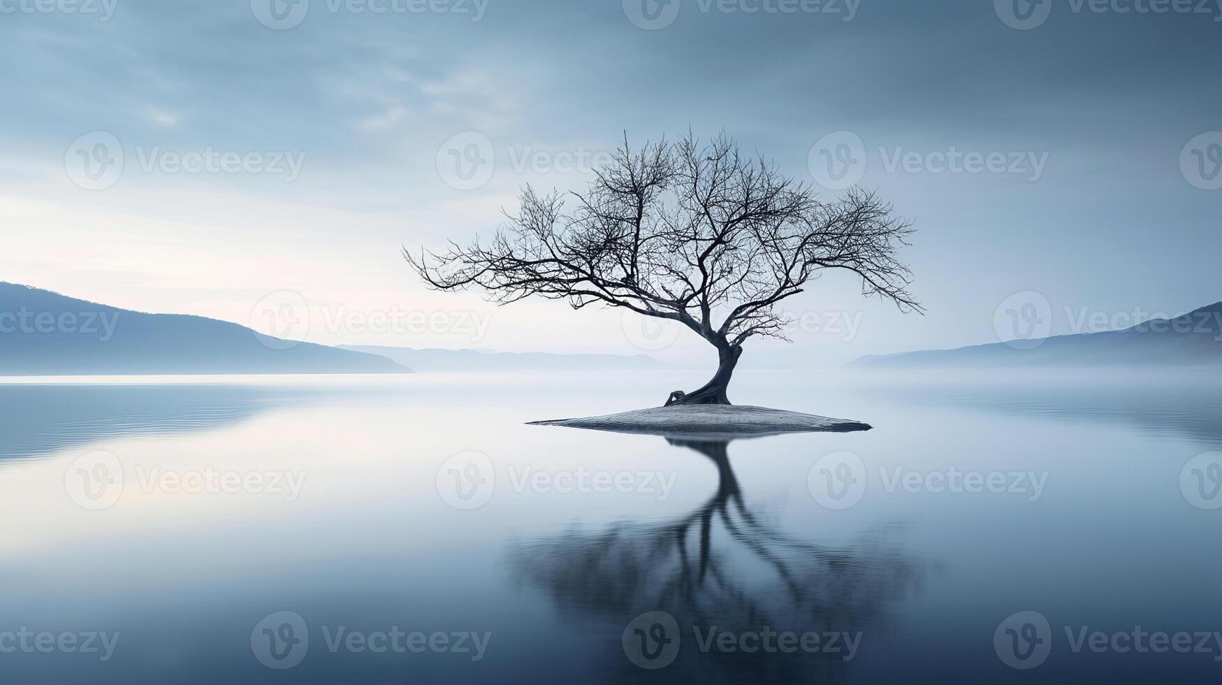 AI generated Lonely tree in midst of bleak lake creates melancholic atmosphere evoking sense of isolation photo