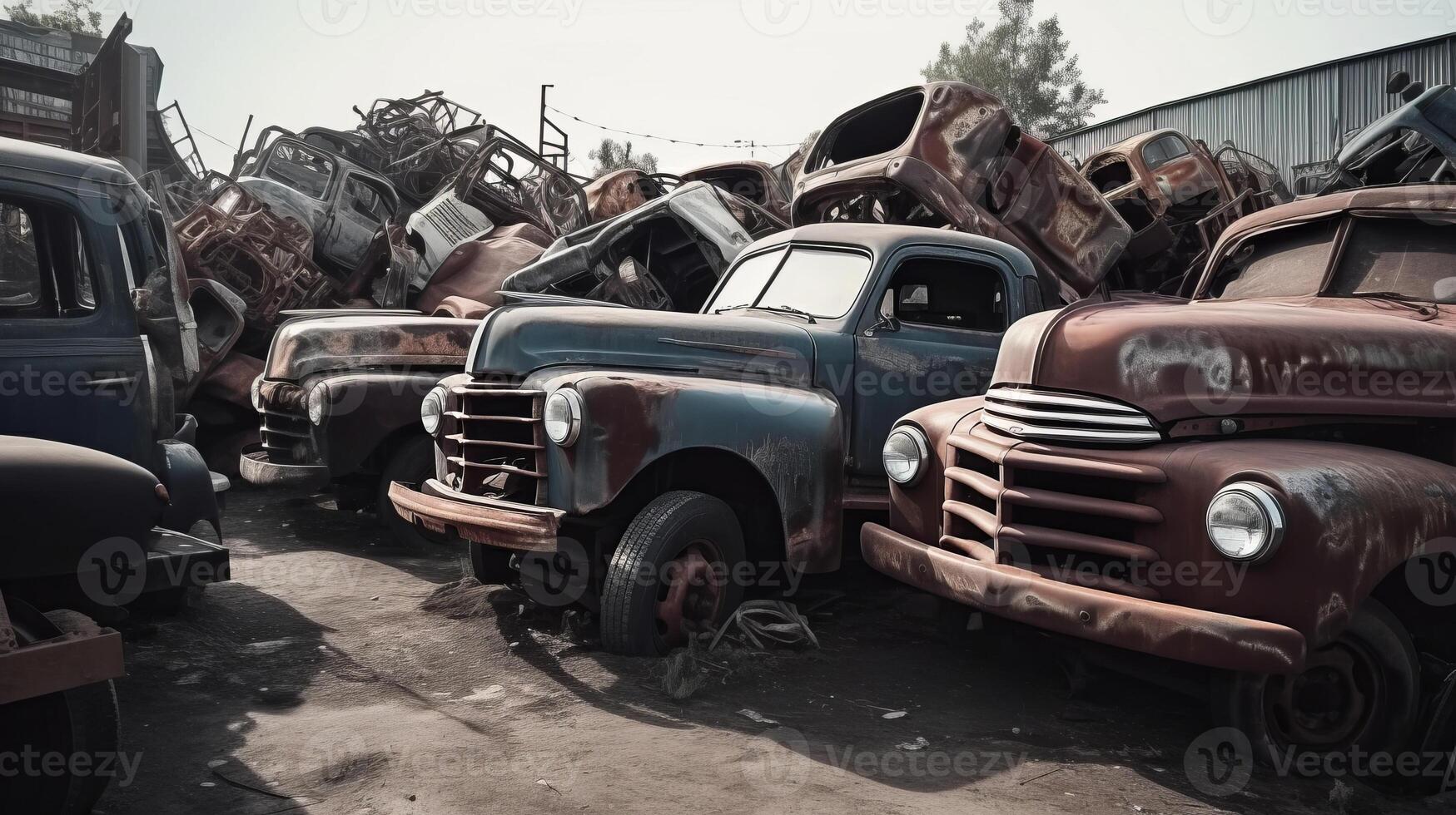 AI generated Car dump with old rusting vehicles forming graveyard of abandoned cars, passage of time photo