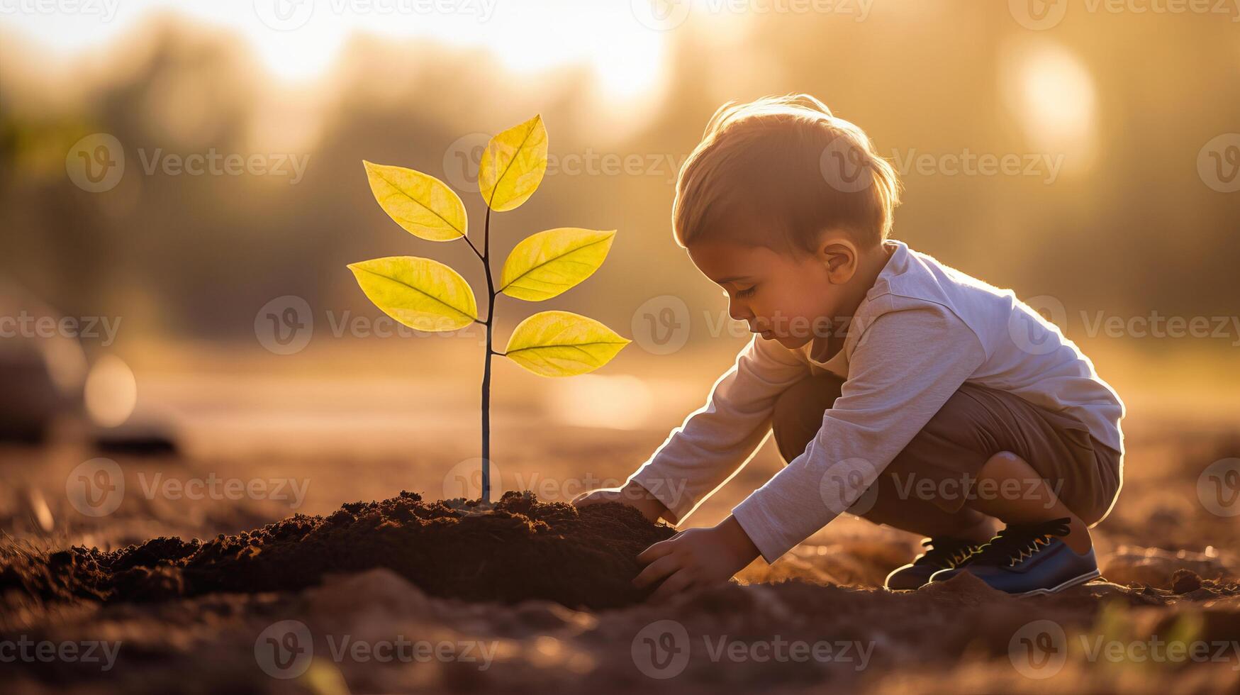 AI generated Little boy carefully plants tree sapling in ground of sunlight garden creating heartwarming scene photo