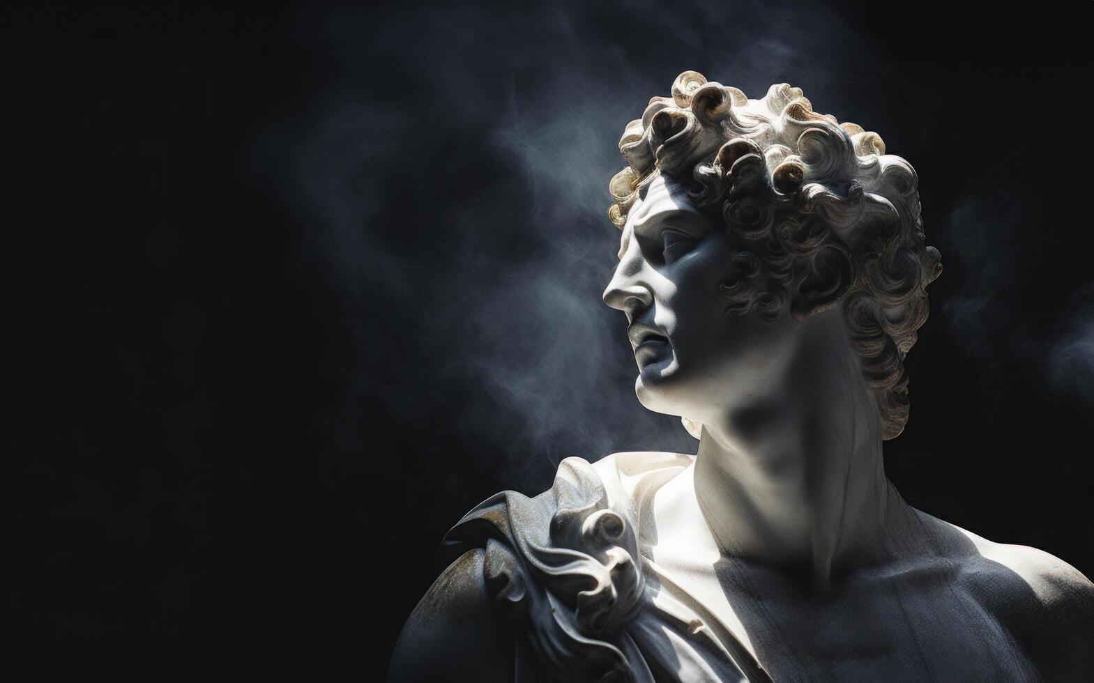 AI generated Ancient antique statue of male person in mystical haze on gloomy dark background, beautiful statue photo