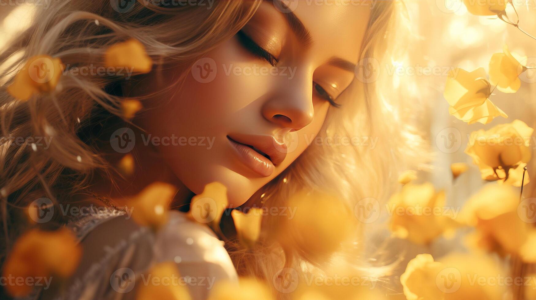 AI generated Yellow petals delicately cascade onto young girl face in close up portrait photo