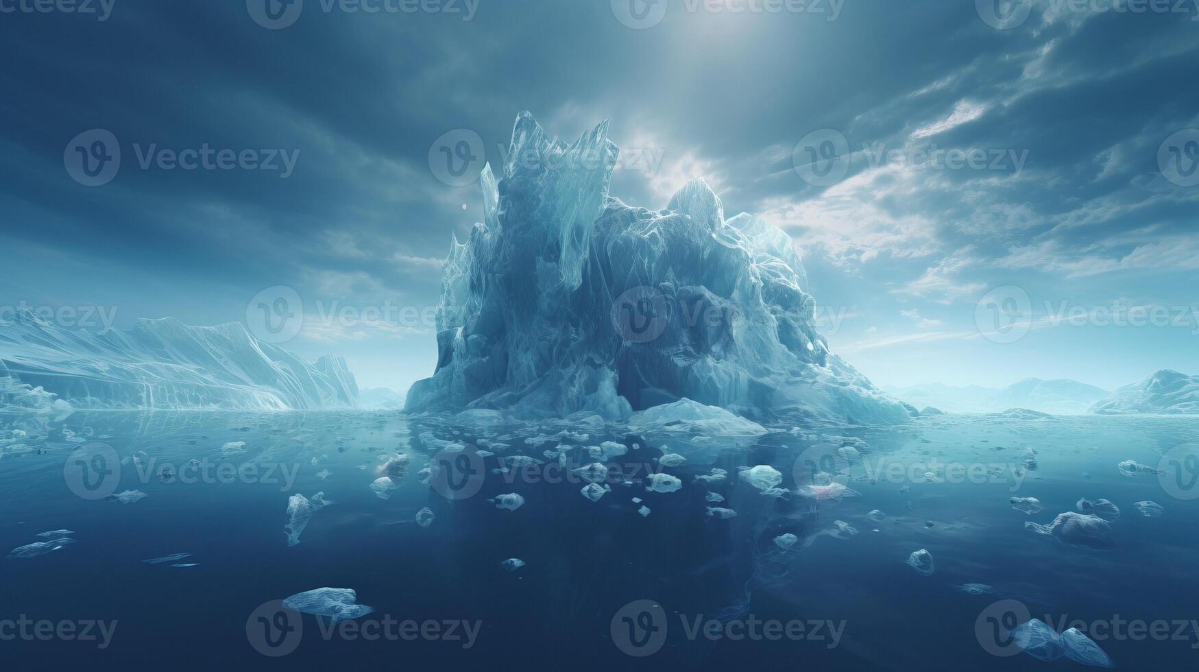 AI generated Melting ice with ice floe adrift in water, dissolving ice shards, environmental preservation photo