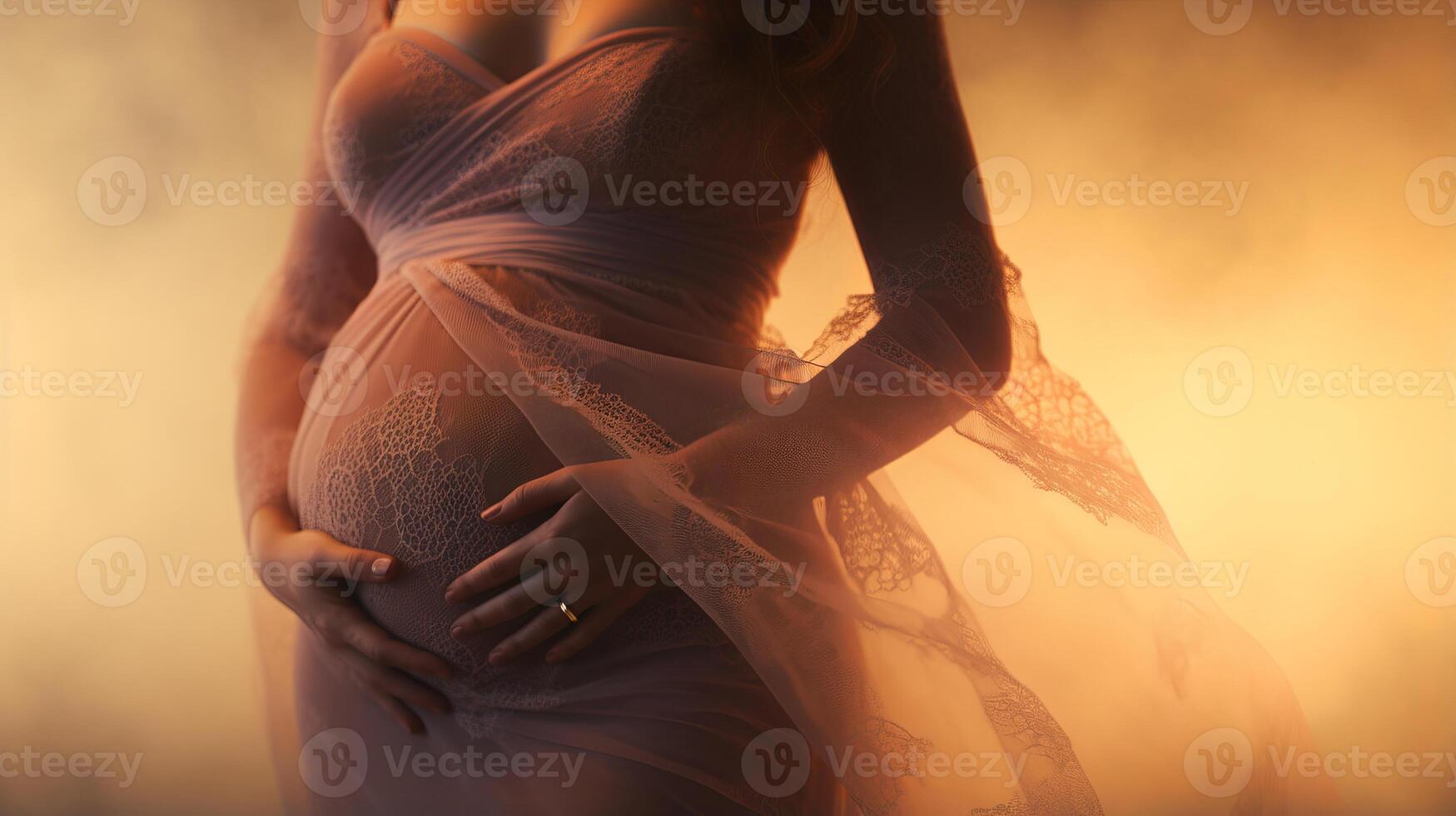 ai generado cerca arriba ver a mujer manos suavemente de plataforma su embarazada barriga en medio de brumoso niebla foto