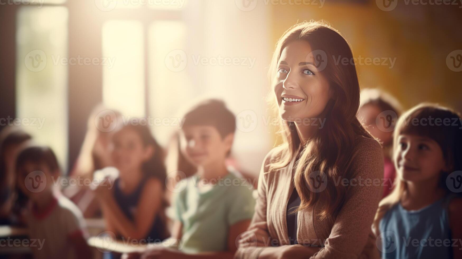 AI generated Handsome smiling woman teacher in children class radiates positivity photo