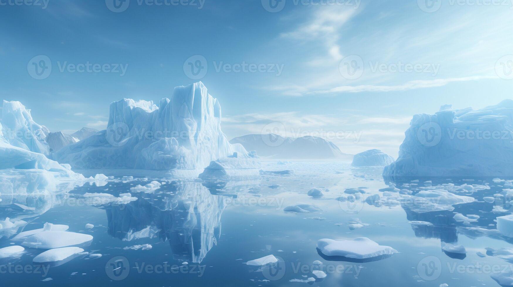 AI generated Melting ice with ice floe adrift in water, dissolving ice shards, environmental preservation photo