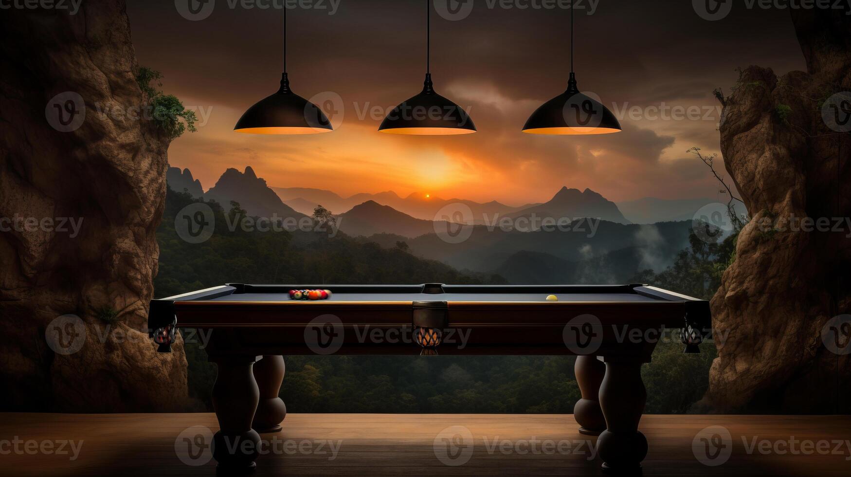 AI generated Billiard table against picturesque landscape of serene nature captures tranquil concentration photo