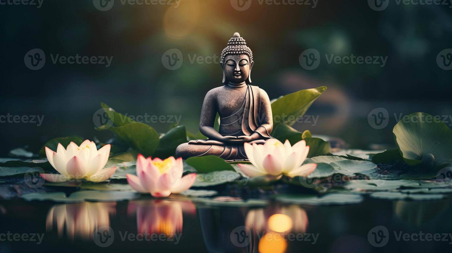 AI generated Meditative Buddha statue surrounded by blooming lotuses in calm waters of pond photo