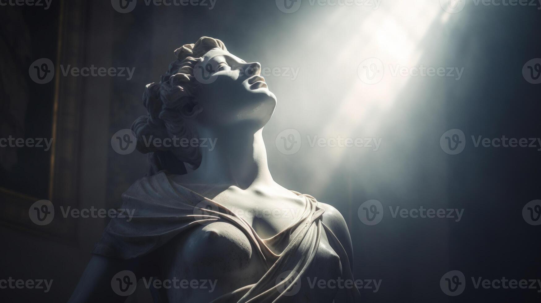 AI generated Ancient antique statue of female person in mystical haze on gloomy dark background, beautiful statue photo