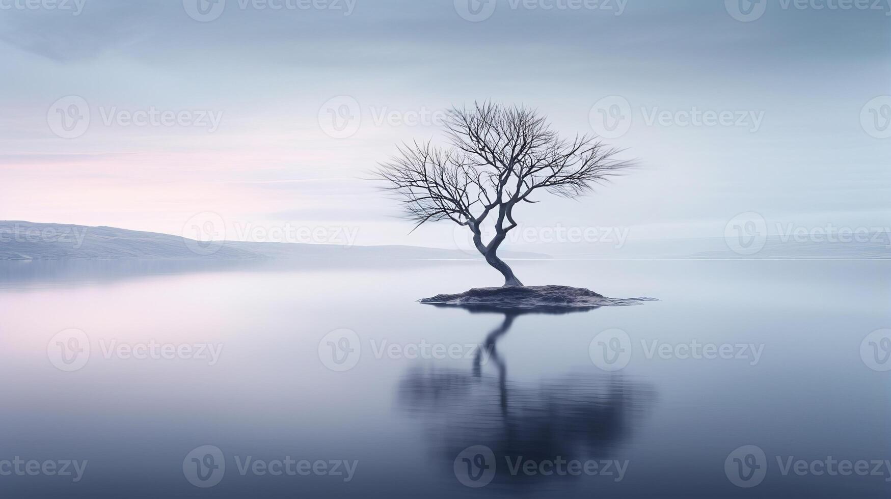 AI generated Lonely tree in midst of bleak lake creates melancholic atmosphere evoking sense of isolation photo