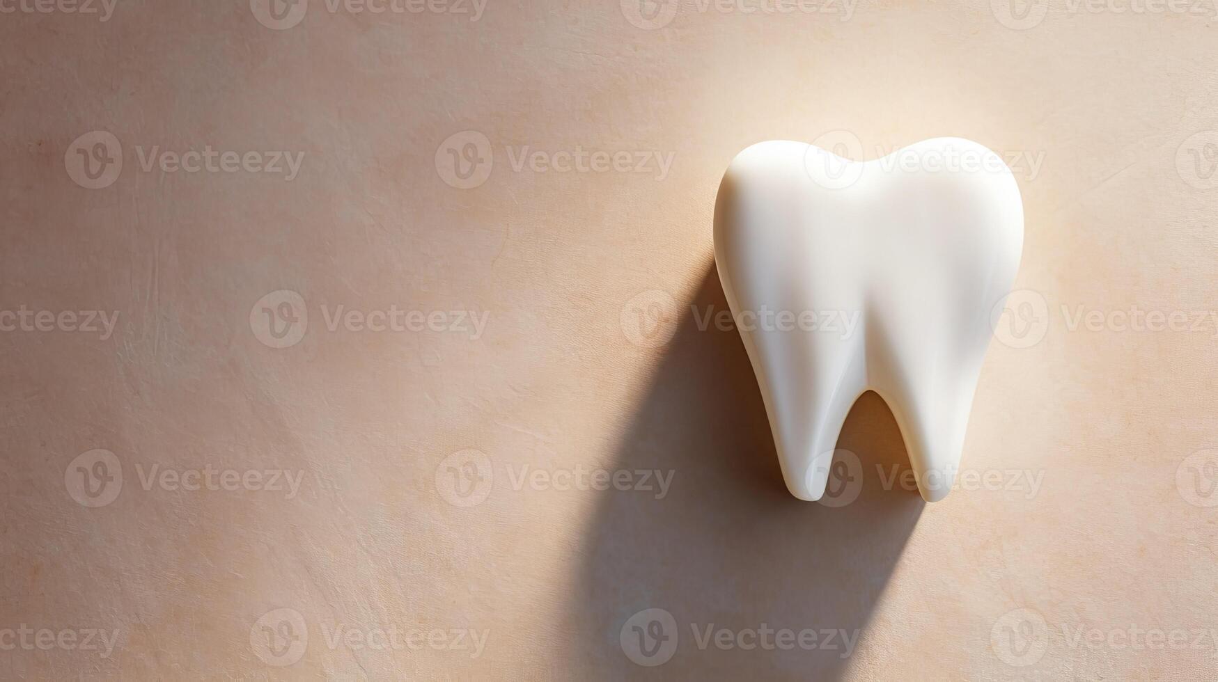 AI generated Human tooth against stone beige background with shadow cast by strong light photo