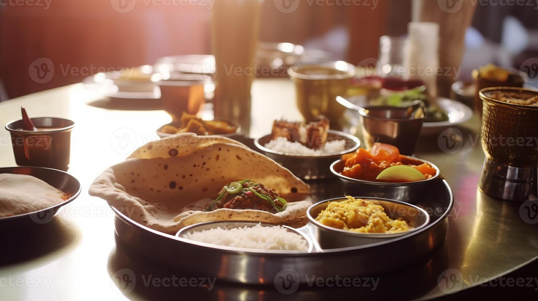 AI generated Stunning delicious Indian Thali dish symphony of spices and flavors, Thali graces cafe table photo