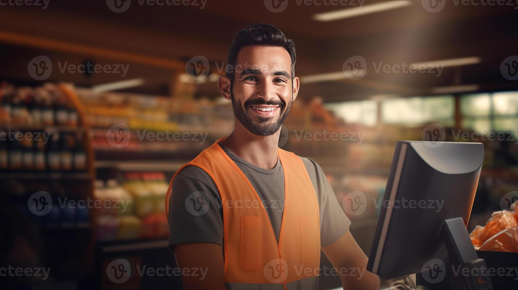 retrato de alegre sonriente masculino cajero en tienda de comestibles Tienda simboliza simpático cliente Servicio foto