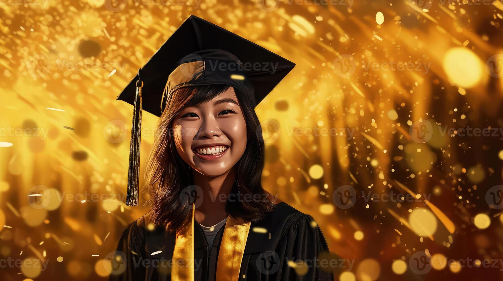 AI generated Happy asian young girl wearing graduation cap and gown, smiling girl beams with happiness photo