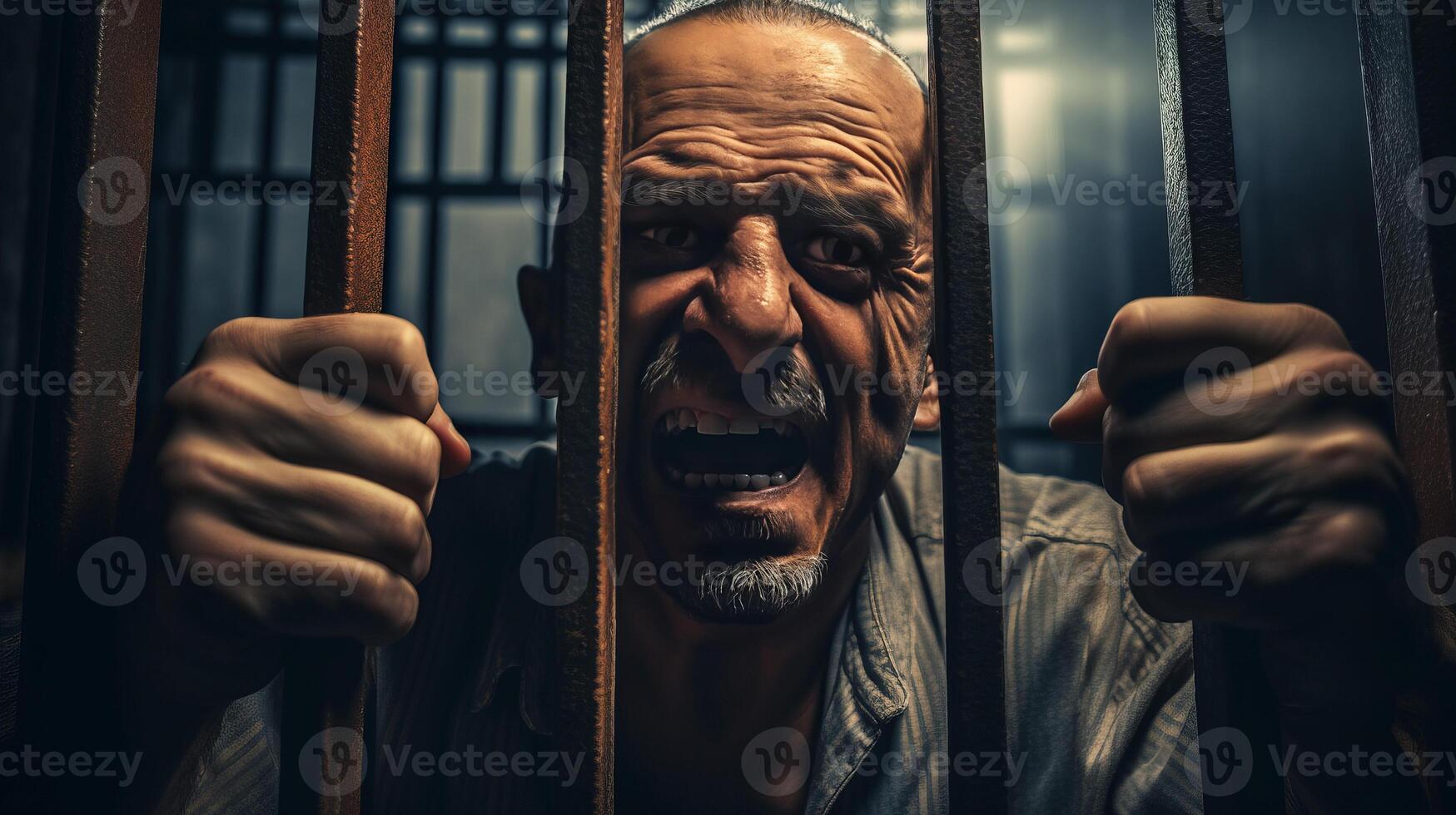 AI generated Angry male inmate confined behind bars desperately asking to released from custody photo