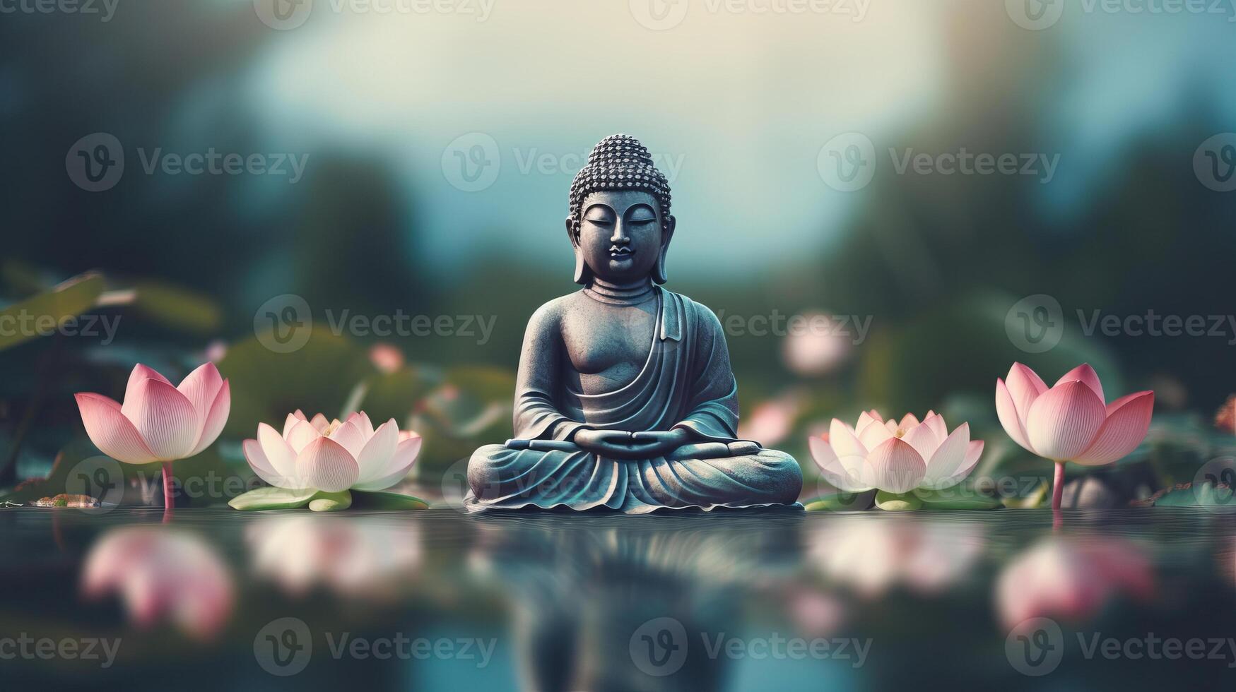 AI generated Meditative Buddha statue surrounded by blooming lotuses in calm waters of pond photo