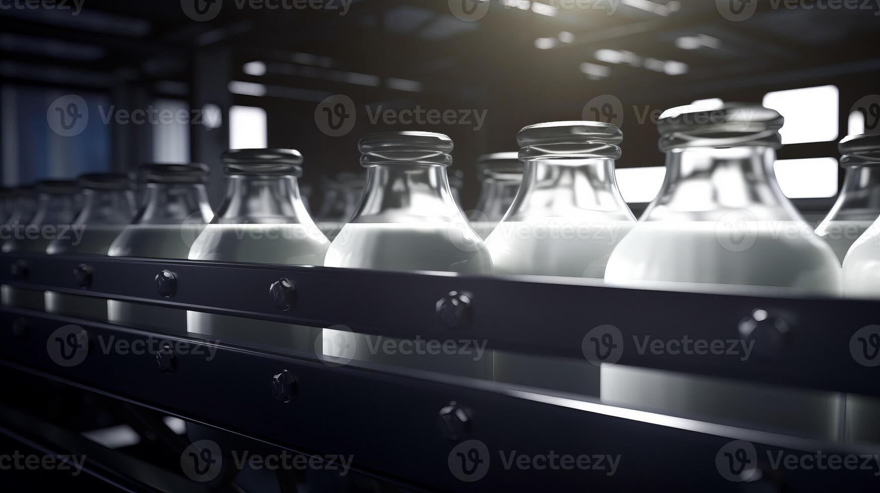 AI generated Rhythmic movement of milk bottle conveyor symbolizes streamlined process of dairy production photo