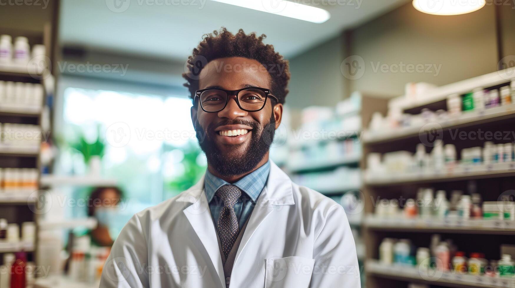 AI generated Courteous smiling black pharmacist in white coat assists clients in pharmacy providing advice photo