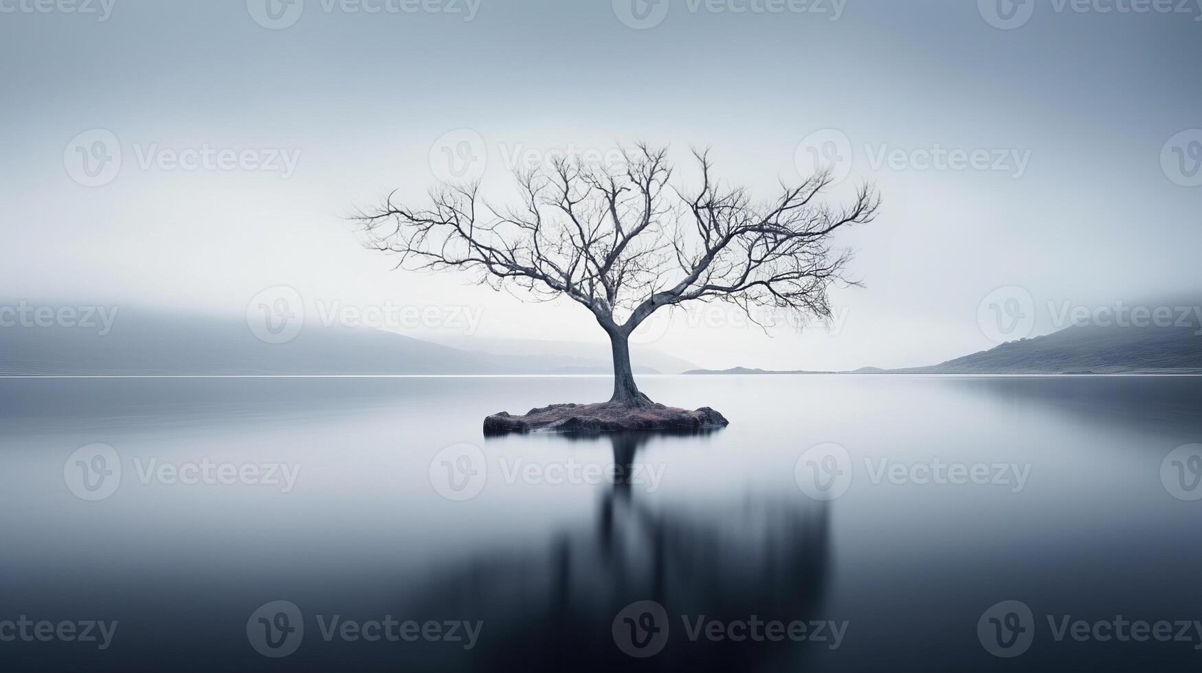AI generated Lonely tree in midst of bleak lake creates melancholic atmosphere evoking sense of isolation photo