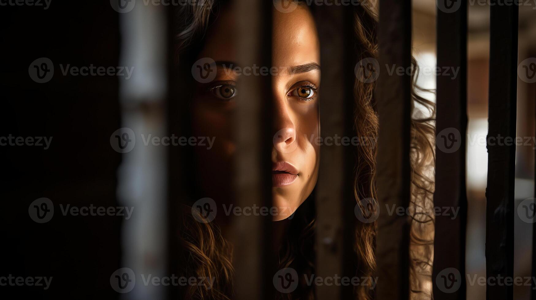 AI generated Sorrowful female inmate sad behind bars desperately asking to released from custody photo