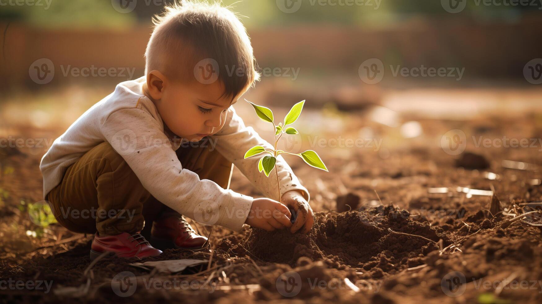 AI generated Little boy carefully plants tree sapling in ground of sunlight garden creating heartwarming scene photo