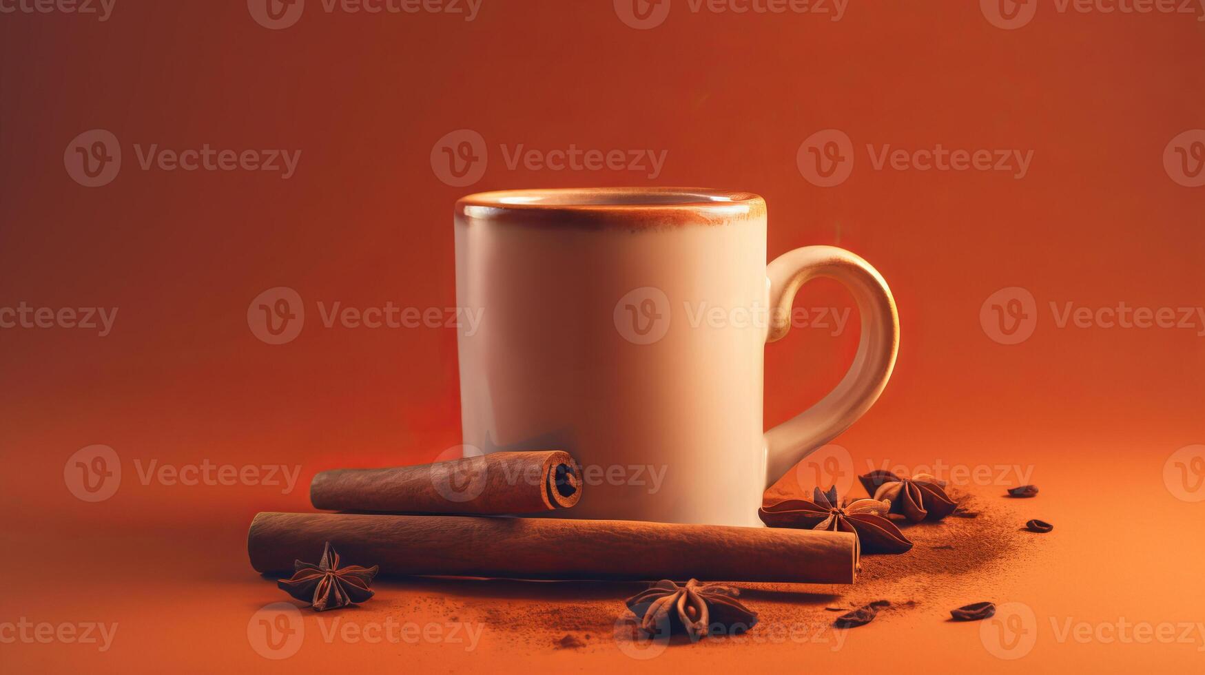 AI generated Mug of mulled wine with cinnamon sticks on warm brown background creates atmosphere of cozy comfort photo